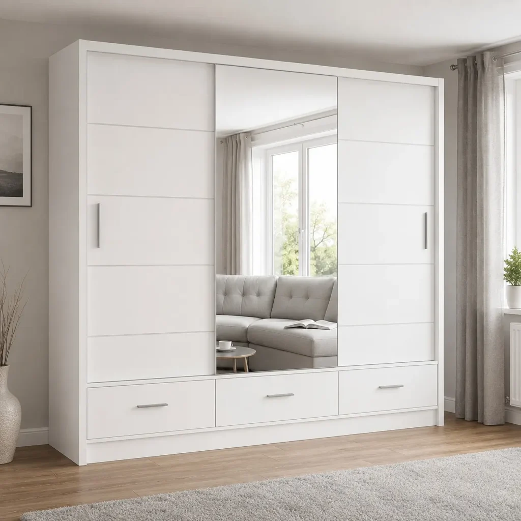 Florence 256cm Sliding Mirror Wardrobe - White