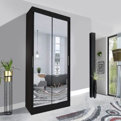 Milan Sliding Mirror Wardrobe - 100cm - Black