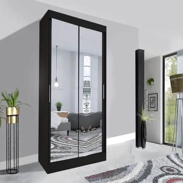 Mirrored Sliding Wardrobe Black Modern Bedroom Storage - UK
