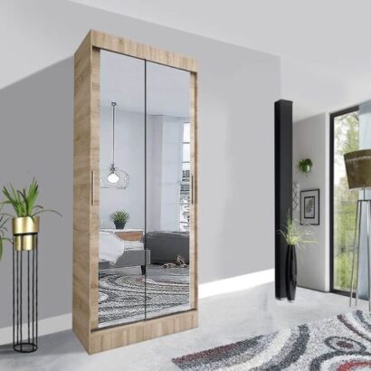 Milan Sliding Mirror Wardrobe - 100cm Oak