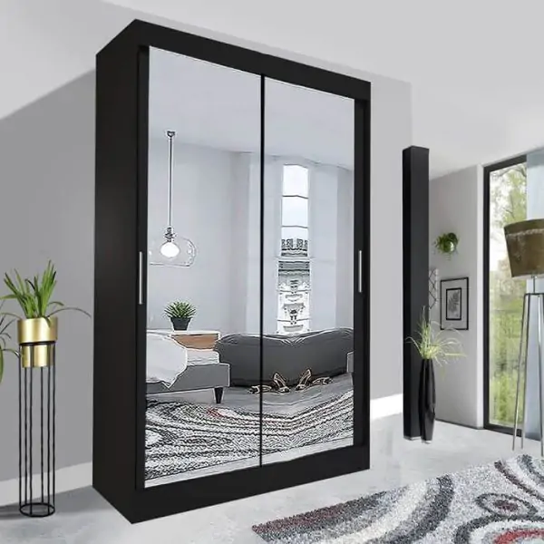 2 Door Mirrored Sliding Wardrobe Black Wood Modern Compact Bedroom Storage - UK