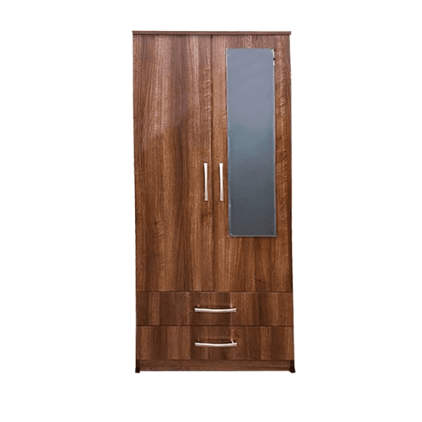 2 Door 2 Drawers Wooden Mirror Brown Wardrobe