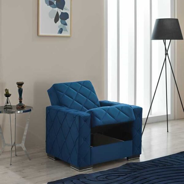 Dark Blue Hegel sofa bed armchair with storage in modern UK living room