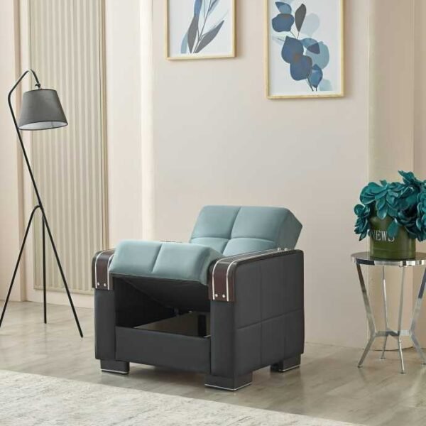 Blue Arte sofa bed armchair with storage, UK-made comfort and style