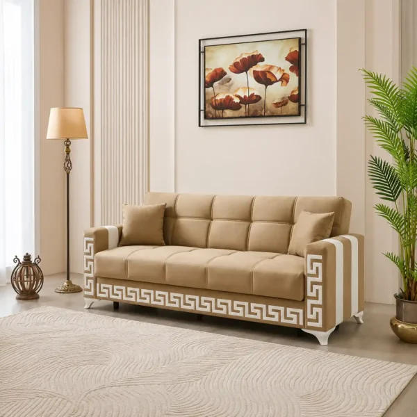 Verona Beige 3 Seater Sofa Bed | Greek Key Design Modern Sofa UK