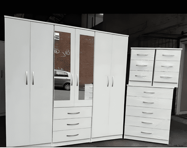 6 Door Mirrored Bedroom Wardrobe Set - White