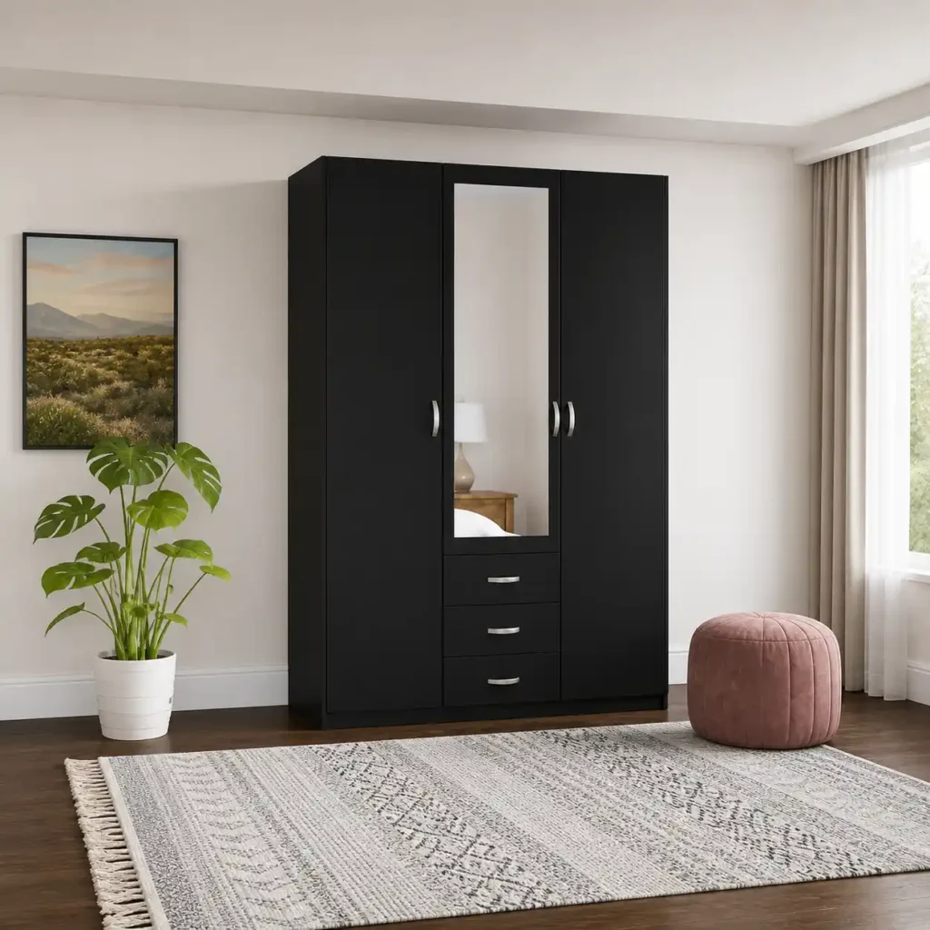 3 Door Mirror Wardrobe Black Matte Modern Bedroom Furniture -UK