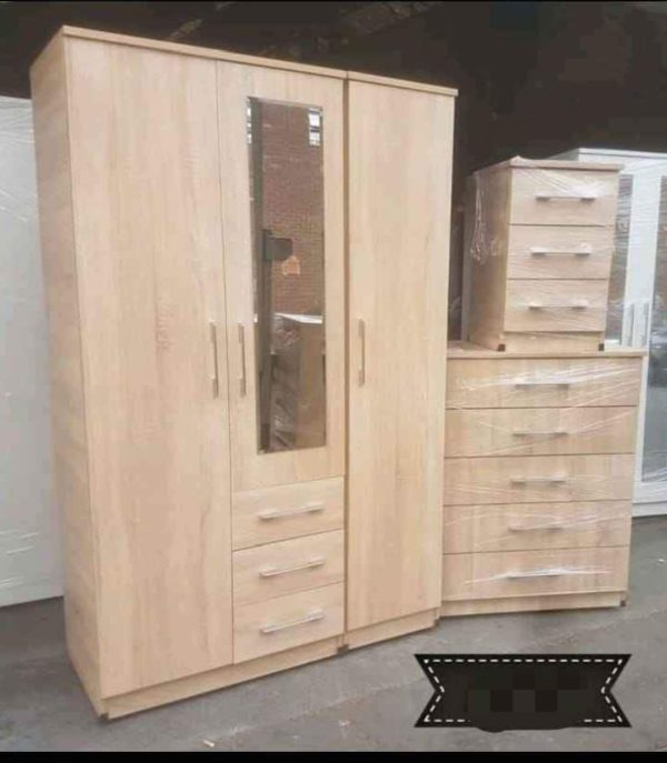 3 Door Mirrored Wardrobe with Drawers Set