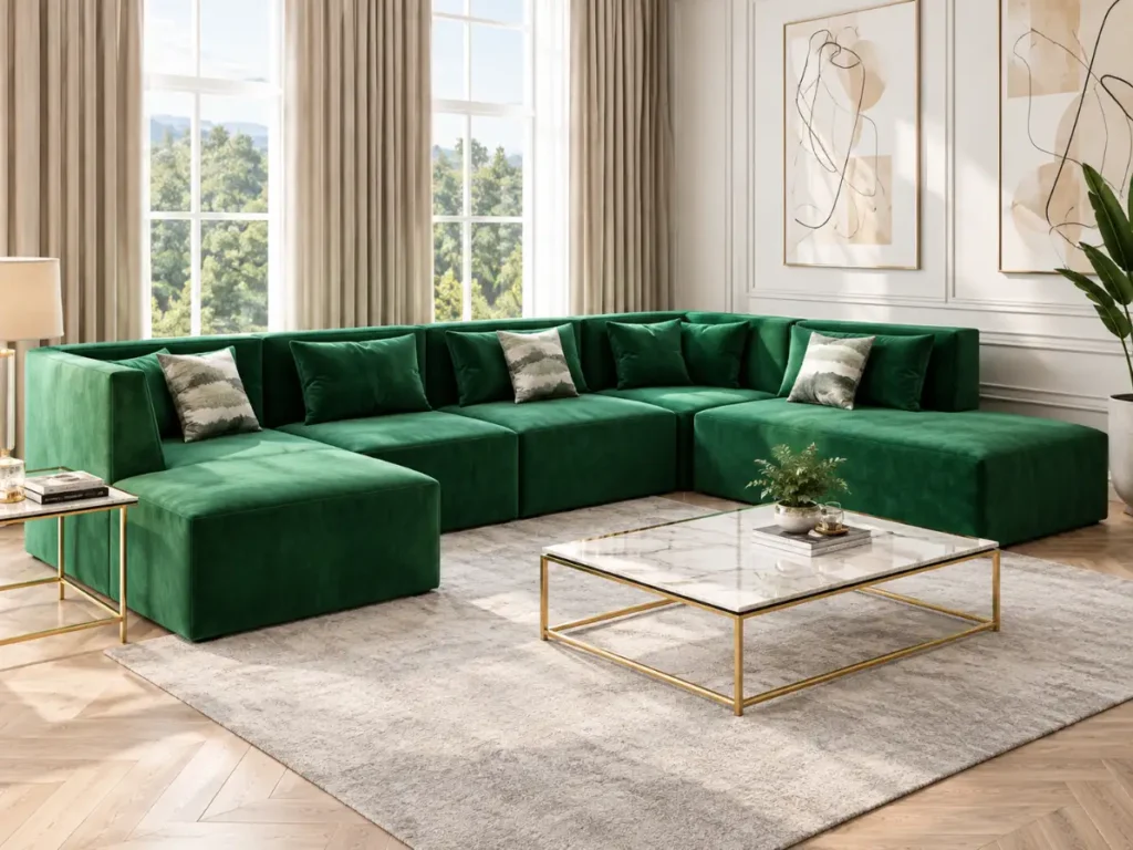Astoria U Shape Modular Sofa in emerald colour in a living room setup view by climax furniture