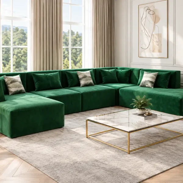 Astoria U Shape Modular Sofa in emerald colour in a living room setup view by climax furniture