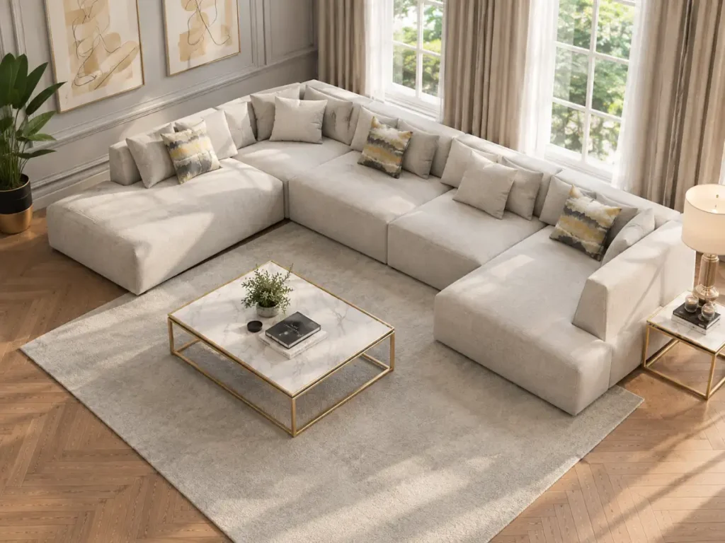 Astoria U Shape Modular Sofa in living room setup 45-degree corner angle view by climax furniture