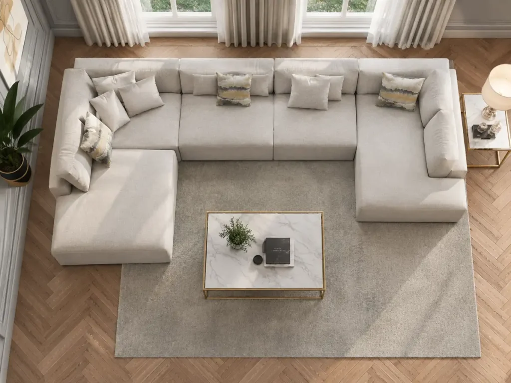 Astoria U Shape Modular Sofa in living room setup top angle view, by climax furniture