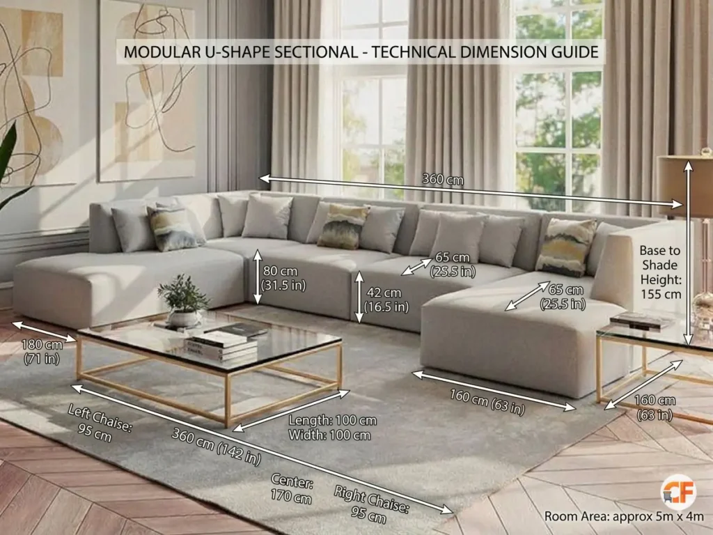 Astoria U Shape Modular Sofa in living room with dimension- Climax Furniture