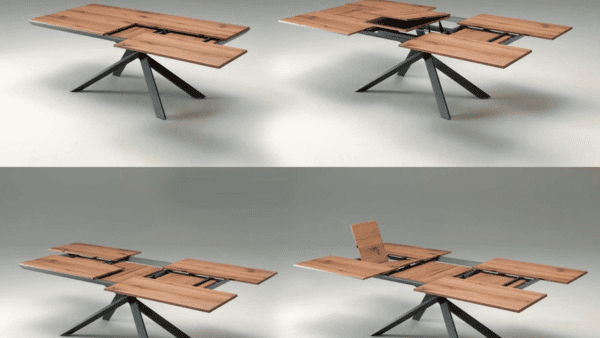 Four different views of an extendable table with a folding top.