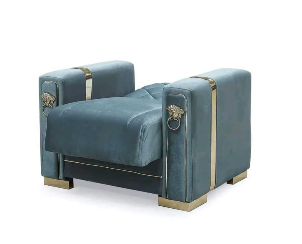 Luxury blue velvet armchair with gold trim - Uk