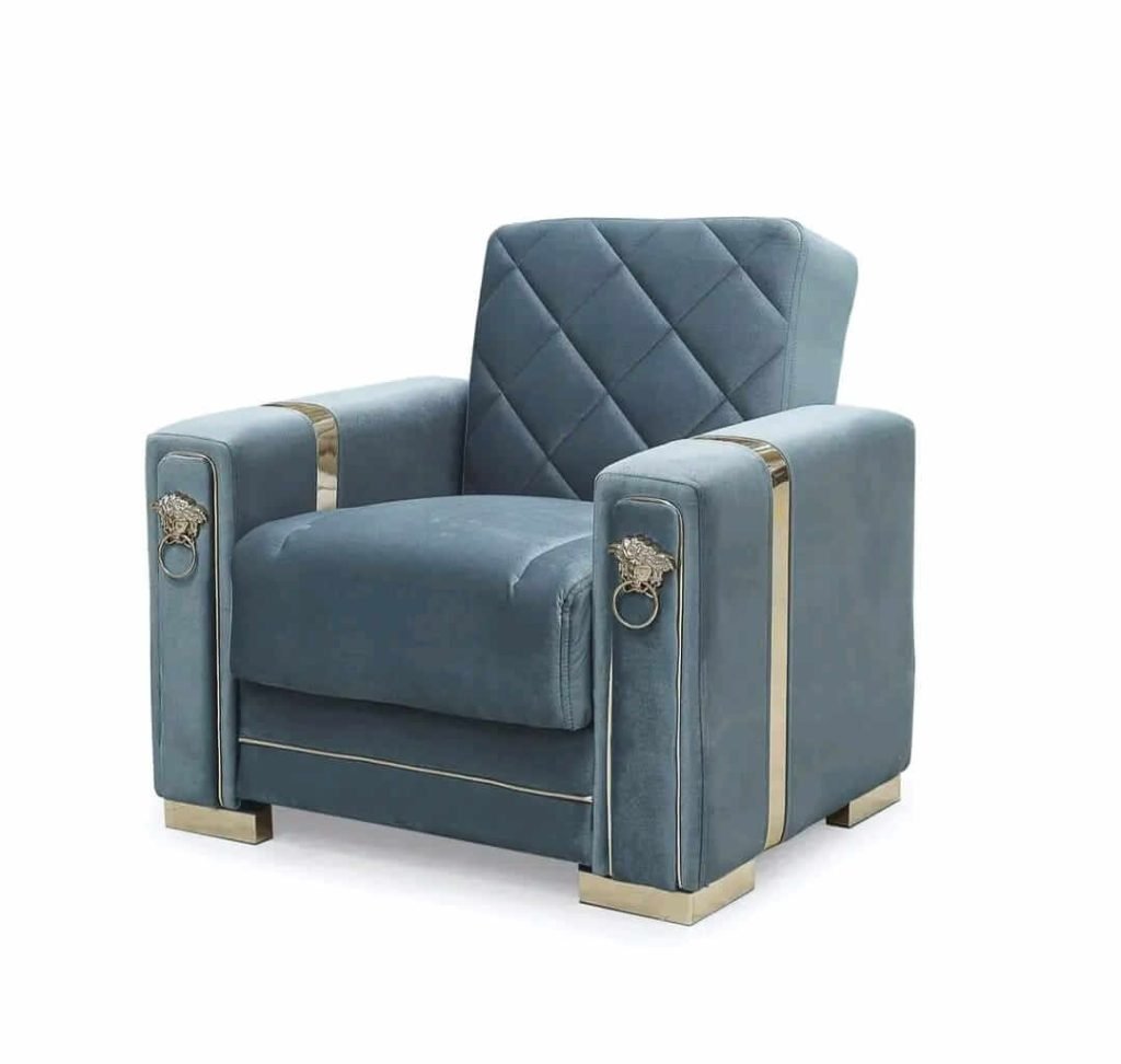 Luxury blue velvet armchair with gold trim - UK