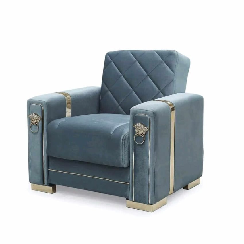 Luxury blue velvet armchair with gold trim - UK