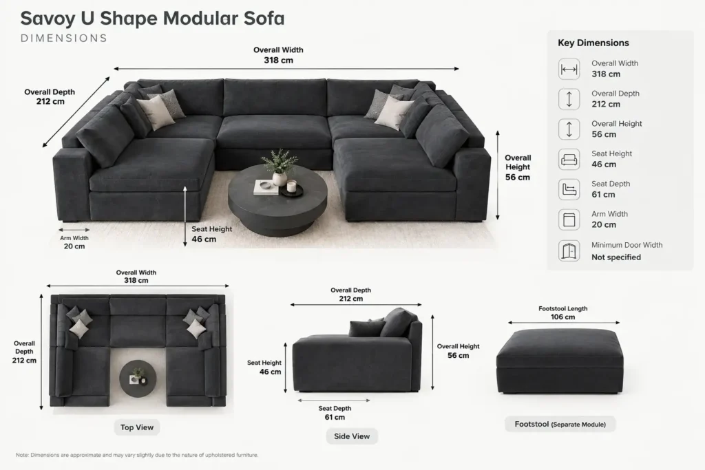 Savoy U Shape Black Modular Sofa dimension- plush velvet