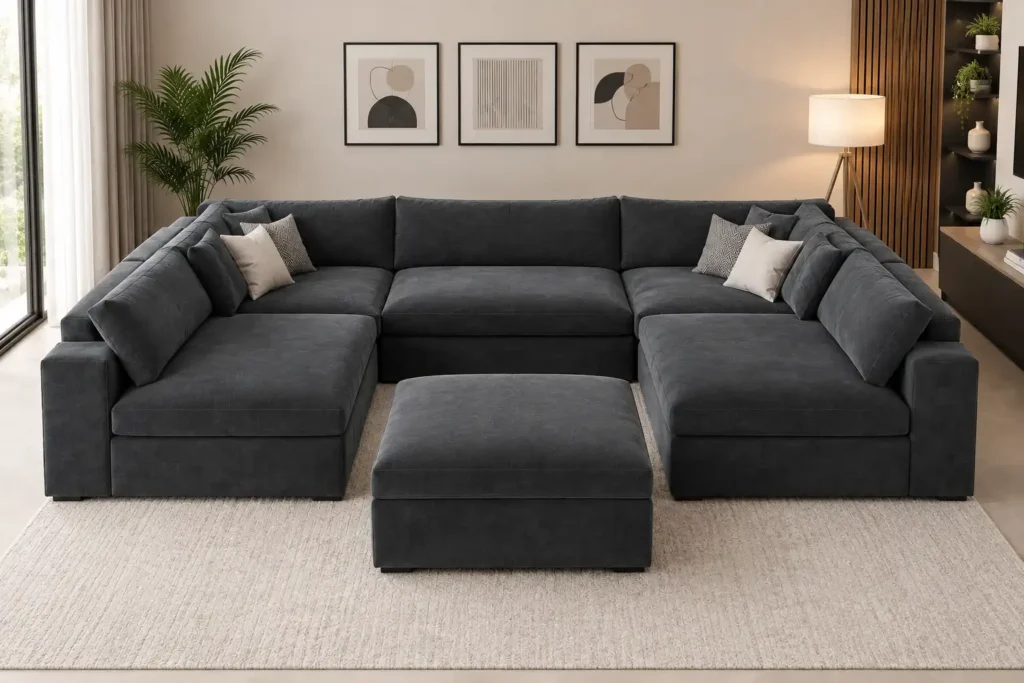 Savoy U Shape Black Modular Sofa with footstool- plush velvet fabric