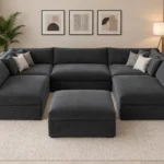 Savoy U Shape Black Modular Sofa with footstool- plush velvet fabric