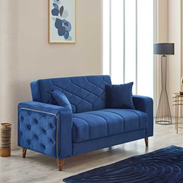 Melissa 2 Seater Sofa Bed blue velvet 2 Seater sofa bed with hidden storage in stylish UK living room