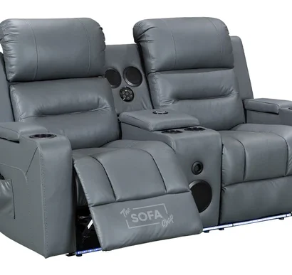 2 Seater Electric Recliner Sofa & Cinema Seats in Grey Leather. Smart Cinema Sofa With Power Functions, Console , Massage Seats & Speakers - Siena