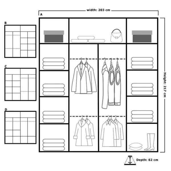 Wardrobe Interior Layout Dimensions 203cm - UK