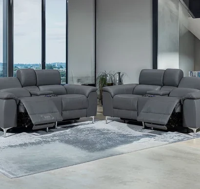 2+2 Recliner Sofa Set - Electric Sofa Package In Grey Leather with Console, USB Ports & Cooling Cup Holders, Wireless Charger & More- Solero
