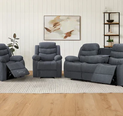 3 1 1 Recliner Sofa Set inc. Chairs in Dark Grey Fabric with Drop-Down Table & Cup Holders - Sorrento