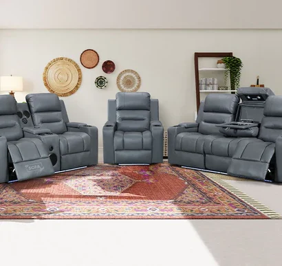 3 2 1 Electric Recliner Sofa Set. 3 Piece Cinema Sofa Package Suite in Grey Leather With Massage & Power Headrest & Wireless Charger - Siena