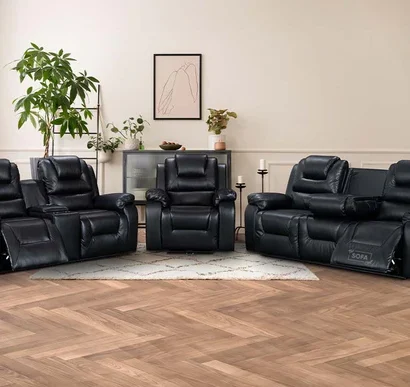 3 2 1 Electric Recliner Sofa Set. 3 Piece Recliner Sofa Package Suite in Black Leather With USB Ports & Cup Holders & Storage Boxes- Vancouver