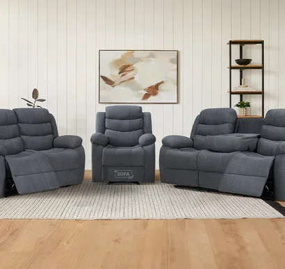 3 2 1 Recliner Sofa Set. 3 Piece Recliner Sofa Package Suite in Dark Grey Fabric with Drop-Down Table & Drinks Holder- Sorrento