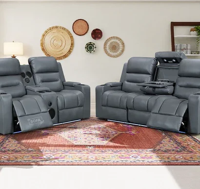 3 2 Electric Recliner Sofa Set. 2 Piece Cinema Sofa Package Suite in Grey Leather With Massage & Power Headrest & Wireless Charger - Siena