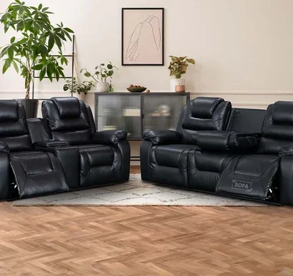 3 2 Electric Recliner Sofa Set. 2 Piece Recliner Sofa Package Suite in Black Leather With USB Ports & Cup Holders & Storage Boxes- Vancouver