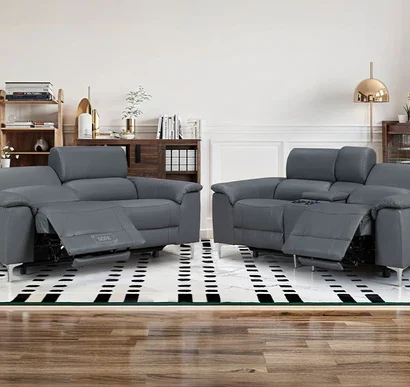 3 2 Electric Recliner Sofa Set. 2 Piece Recliner Sofa Package Suite in Grey Leather With USB Ports & Cup Holders- Solero.webp