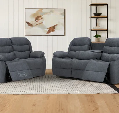 3 2 Recliner Sofa Set. 2 Piece Recliner Sofa Package Suite in Dark Grey Fabric with Drop-Down Table & Drink Holders- Sorrento