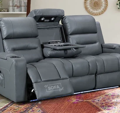 3 Seater Electric Recliner Sofa & Cinema Seats. Grey Leather Cinema Sofa with Console + Massage + Power Headrests - Siena