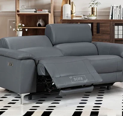 3 Seater Grey Leather Electric Recliner Sofa with Adjustable Headrest & USB Ports - Solero