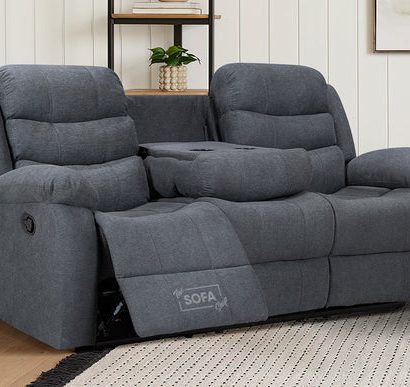 3 Seater Recliner Sofa in Dark Grey Fabric with Drop-Down Table & Cup Holders - Sorrento