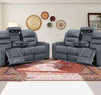 3+3 Electric Recliner Sofa Set & Cinema Seats Sofa Package. Grey Leather Suite with Cup Holders & Massage & Electric Headrests - Siena