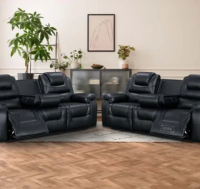 3+3 Electric Recliner Sofa Set & Leather Sofa Package. Black 2 Piece Suite with Console & USB Ports & Cup Holders - Vancouver