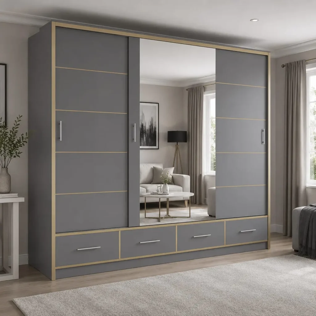 Armorie 256cm Sliding Mirror Wardrobe - Grey