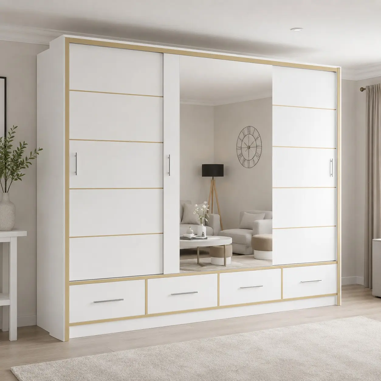 Armorie 256cm Sliding Mirror Wardrobe - White