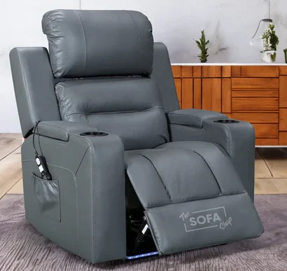 Electric Recliner Chair & Cinema Seat in Grey Leather- Massage + Power Headrest + USB - Siena