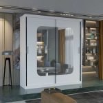 MARIKA Sliding Mirror Wardrobe White Wood Modern Bedroom Storage - UK