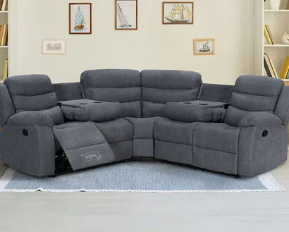 Recliner Corner Sofa in Dark Grey Fabric with Drop Down Tables & Cup Holders - Sorrento