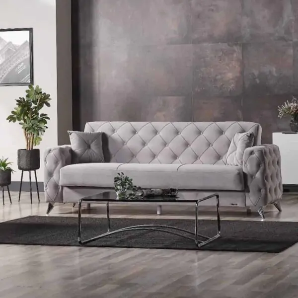 Zumrut 3 Seater Sofa Bed Grey Velvet Modern Living Room Furniture - UK