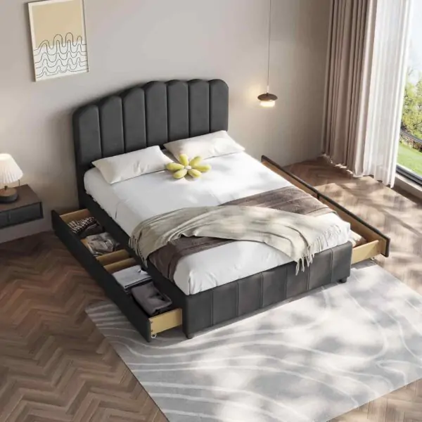Upholstered Storage Bed Black Modern Scalloped Bedroom - UK