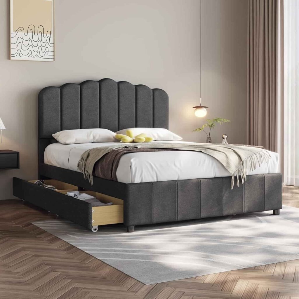 Upholstered Storage Bed Dark Grey Modern Scalloped Bedroom - UK