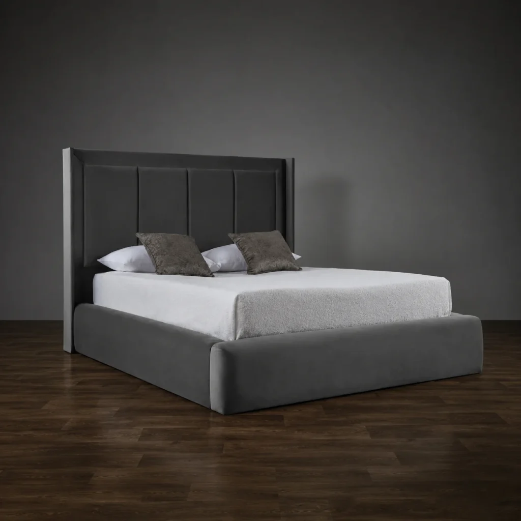 Vertical Paneled Bed Dark Grey Velvet Modern Minimalist Bedroom - UK